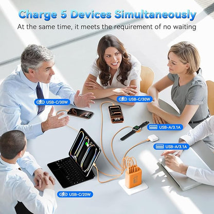 USB C Fast Charger Block, 60W Phone USB C Wall Charging Blocks, Type C Charger Fast Charging Brick, 5Port Multiport Charger Plug Power Adapter for Phone 17/16/15/14/13 Pro Max, Pad, S25 -Cosmic Orange