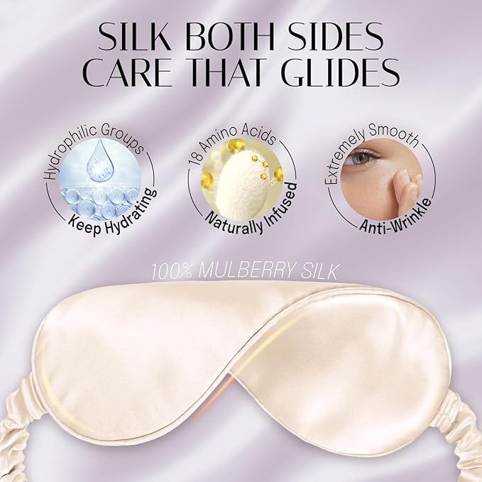 Silk Sleep Mask Eye Mask Blindfold with Double Layer Silk Filling and Elastic Strap for Full Night's Sleep, Travel and Nap, Soft Eye Cover Eyeshade with Luxury Bag and Ear Plugs (Champagne)