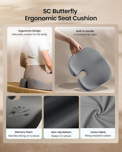 ProtoArc Seat Cushion, Office Chair Cushion for Sciatica, Coccyx Cushion, Ergonomic Memory Foam Seat Cushion for Car, Home, Pressure Relief Pad for Hip, Tailbone, All Day Comfort - Gray