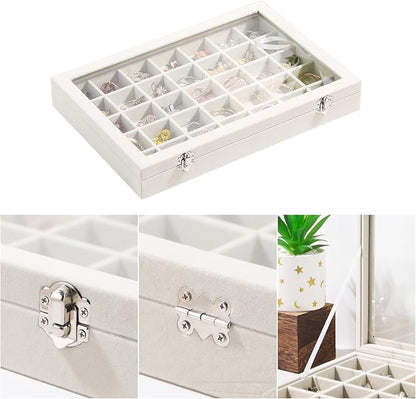 Coward Ring Earring Jewelry Organizer Box, 35 Grids Dustproof Display Holder Case, Beige Velvet Jewelry Bead Display Tray Case with Transparent Glass Lid for Momen Girls