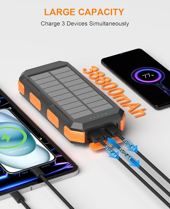 Solar Power Bank 38800mAh, Portable Charger, 4 Cables 4 Ports, PD22.5W Fast Charging External Battery Pack with USB C for Cell Phones, Solar Charger with Dual Flashlight, Perfect for Camping Travel