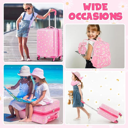 Redbaker 6 Pcs Kids Luggage Set 17 Inch Kids Rolling Luggage Double Pattern Suitcase for Girls Boys School Gift(Light Pink,Leopard Print Style)