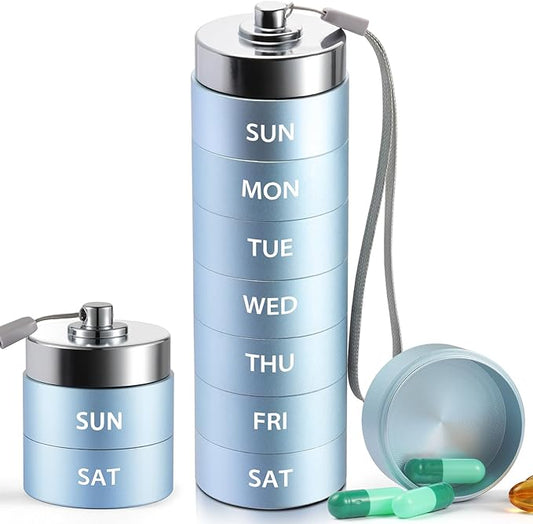 Metal Pill Organizer, Travel Large Weekly Pill Box, Portable Aluminum Alloy Waterproof Pill Case Container, 7 Day Daily Medicine Organizer Holder for Vitamin, Fish Oil, Supplement, Blue