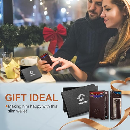 Magnetic Closure Slim Wallet with Money Clip Gift Boxed,Genuine Leather Front Pocket Wallet for Men, 3.9"x 2.8", RFID Blocking