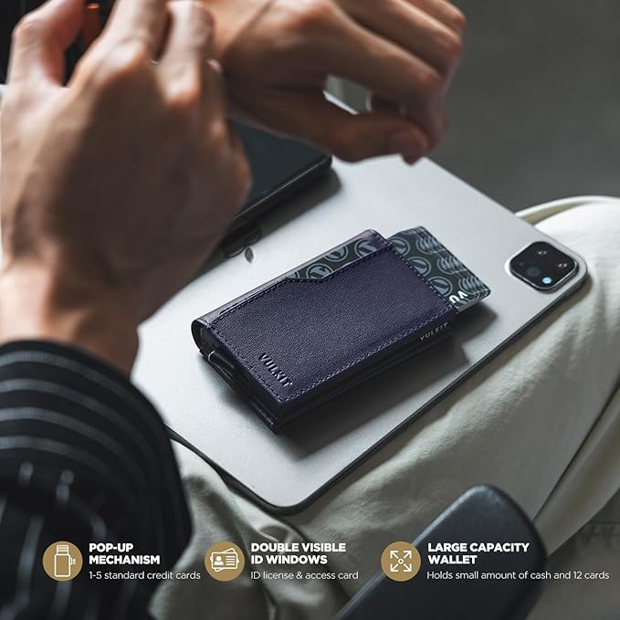 VULKIT Card Holder Wallet with Double ID Windows RFID Blocking Pop Up Wallet Minimalist Design for 12 Cards