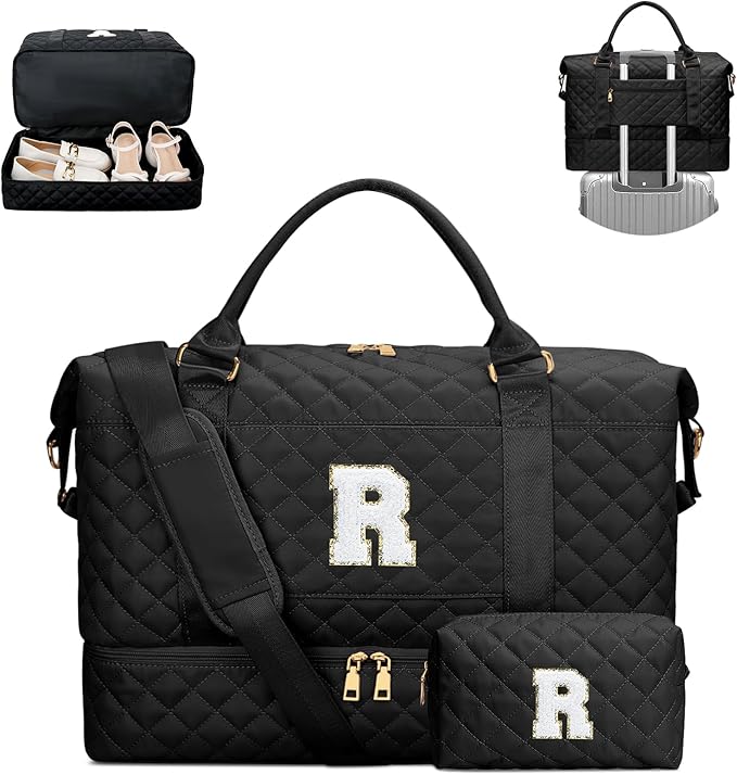 Gifts for Friend Women Girls Birthday Christmas Initial Travel Duffle Bag Quilted Weekender Bags Carry-On Overnight with Cosmetic Bag, Gym Bag with Shoe Compartment, Black R