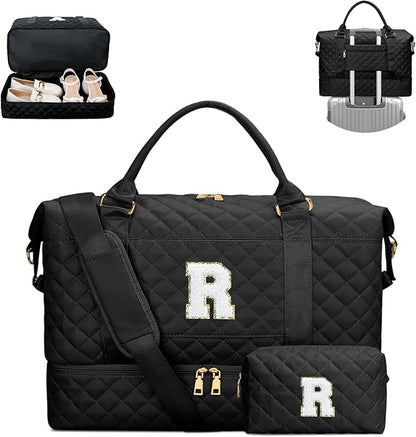 Gifts for Friend Women Girls Birthday Christmas Initial Travel Duffle Bag Quilted Weekender Bags Carry-On Overnight with Cosmetic Bag, Gym Bag with Shoe Compartment, Black R