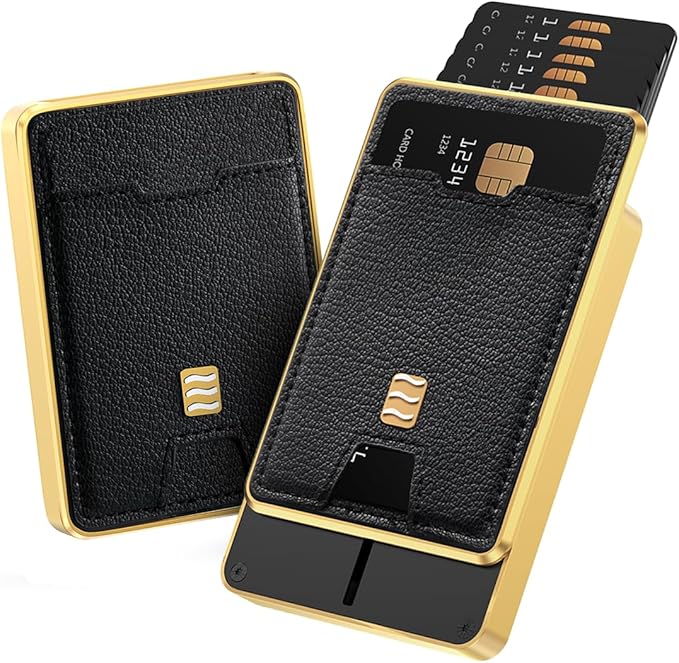 RFID Blocking Wallet, Minimalist Card Holder with Quick Access, Holds 1 to 12 Cards & Cash, Vegan Leather & Brushed Aluminum, Gift-Ready Packaging (Black & Gold)