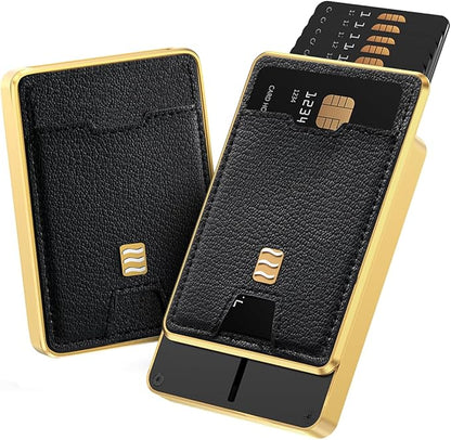 RFID Blocking Wallet, Minimalist Card Holder with Quick Access, Holds 1 to 12 Cards & Cash, Vegan Leather & Brushed Aluminum, Gift-Ready Packaging (Black & Gold)