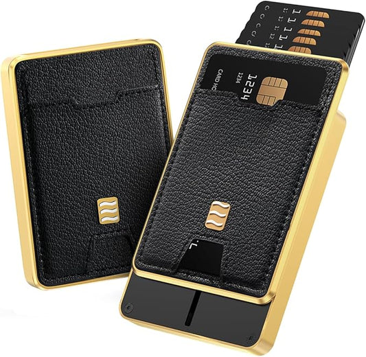 RFID Blocking Wallet, Minimalist Card Holder with Quick Access, Holds 1 to 12 Cards & Cash, Vegan Leather & Brushed Aluminum, Gift-Ready Packaging (Black & Gold)