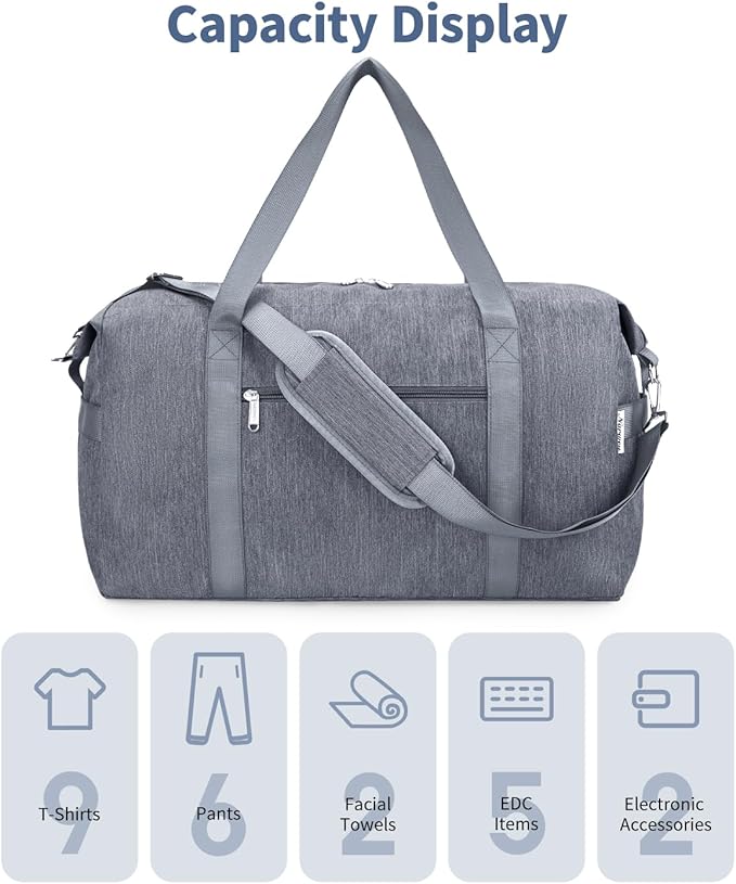 Narwey Carry on luaggage 22x14x9 Airlines Approved Foldable Carry on Bag Travel Duffel Packable Duffle with Wet Pocket Overnight for Women and Men 40L (Grey)