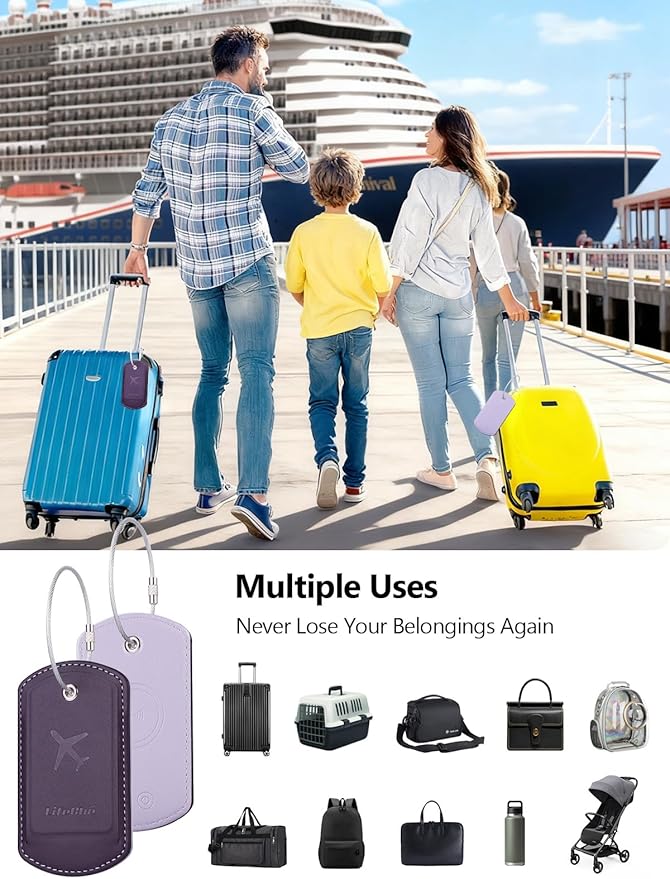 Luggage Tag with Tracker (iOS Only), Premium PU Leather Luggage Tags for Suitcase, Privacy Cover & ID Card Slot, Stainless Loop for Travel Bags, Backpack, Pet Carrier, Ideal Gadgets (Purple)