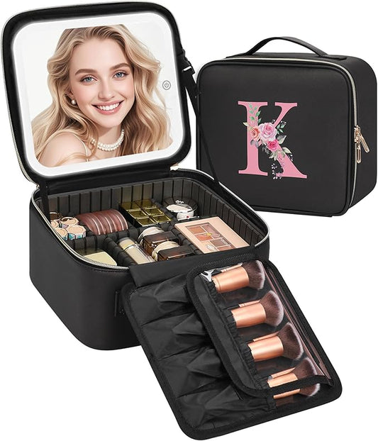 Relavel Initial Makeup Bag with LED Mirror for Women Girls, Personalized Travel Cosmetic Organizer Train Case, Birthday Gifts for Grandkids Bridesmaid Graduation Teacher Friends, Trendy Stuff, Black K