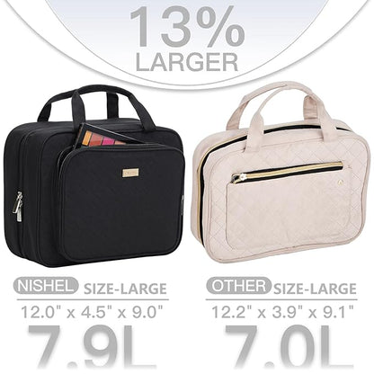 NISHEL Travel Toiletry Bag for Women Large Capacity, Makeup Essentials Organizer, Hanging Case for Accessories, Cosmetics, Black