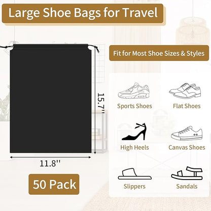 50 Pack Shoe Bags for Travel, 15.7" x 11.8" Black Travel Shoe Bags for Packing, Large Waterproof Portable Drawstring Travel Shoe Storage Bag Travel Essentials Women for and Men
