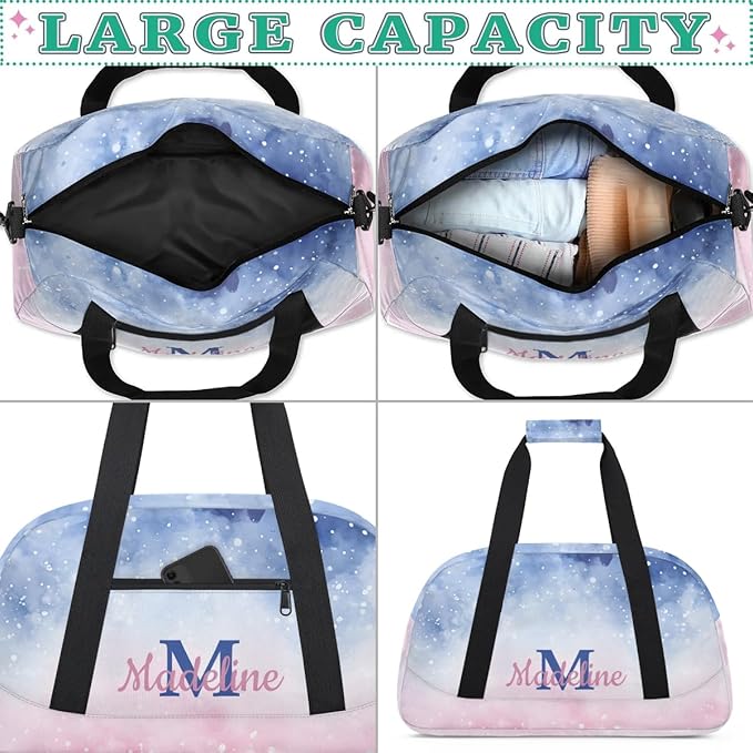 Personalized Kids Sports Duffel Bag with Name Custom Weekender Overnight Bag for Boys Girls Gym Bag Travel Dance Gymnastics Duffel Bag, Watercolor Nebula Pink Galaxy