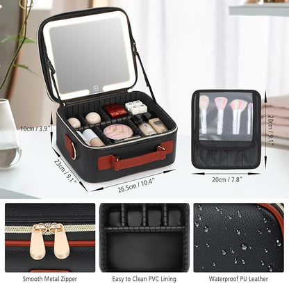 Travel Makeup Bag with Led Mirror Make up Case with Lighted Mirror Cosmetic Organizer bag with Adjustable Dividers and 5X Magnifying Mirror Makeup Box Vanity Case for Women