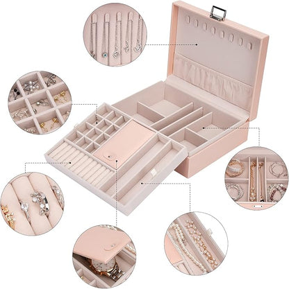 Jewelry Organizer Box Travel Jewelry Box Storage Organizer Case Earring Ring Necklace Box Large Travel Jewelry Case/PINK