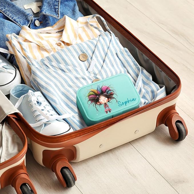 callie Personalized Quirky Girl Jewelry Box - Custom Name & 15 Pattern, 2 Layer PU Leather Travel Makeup Box Organizer Case, Birthday Christmas Gift for Women Girls