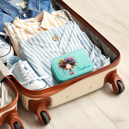 callie Personalized Quirky Girl Jewelry Box - Custom Name & 15 Pattern, 2 Layer PU Leather Travel Makeup Box Organizer Case, Birthday Christmas Gift for Women Girls