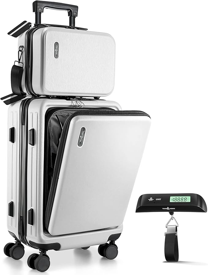 TRAVELARIM 22 Inch Carry On Luggage 22x14x9 Airline Approved, Small Carry On Suitcase, Hard-shell Carry-on Luggage with Wheels, Durable White Luggage Carry-On with Cosmetic Case and Luggage Scale