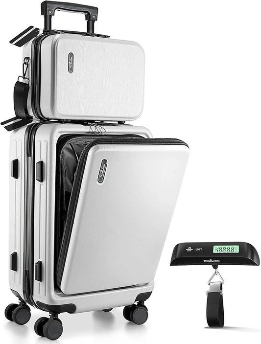TRAVELARIM 22 Inch Carry On Luggage 22x14x9 Airline Approved, Small Carry On Suitcase, Hard-shell Carry-on Luggage with Wheels, Durable White Luggage Carry-On with Cosmetic Case and Luggage Scale
