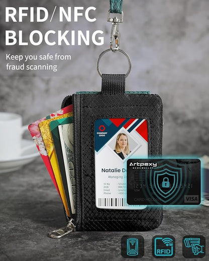 Minimalist Wallet For Mens Womens, Keychain RFID Blocking Zipper Small Wallet with ID Window 2 Lanyards,Water Resistant Travel Cash Card Coin Case Boys Girls