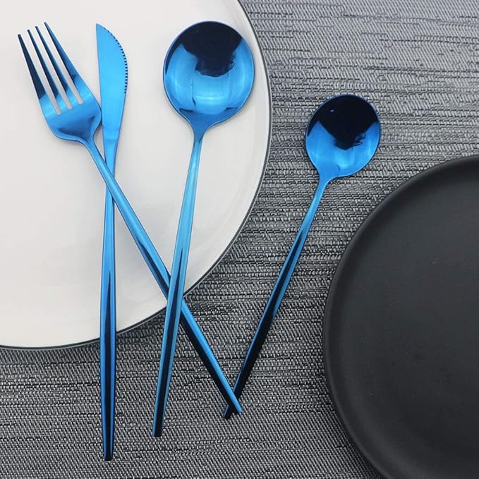 JASHII Shiny Blue Silverware Set, 20-Piece Stainless Steel Satin Finish Flatware, Kitchen Utensils, Mirror Polished Tableware Cutlery for Home and Restaurant, Dishwasher Safe