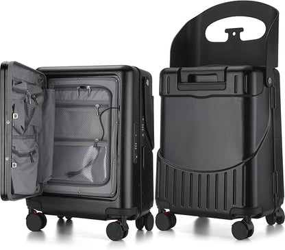 20 Inch Ride on Luggage with Seat for Kids Top Opening Aluminum Frame Suitcase with Spinner Wheels Locks for Travel(Black)