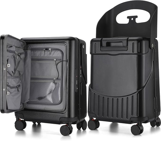 20 Inch Ride on Luggage with Seat for Kids Top Opening Aluminum Frame Suitcase with Spinner Wheels Locks for Travel(Black)