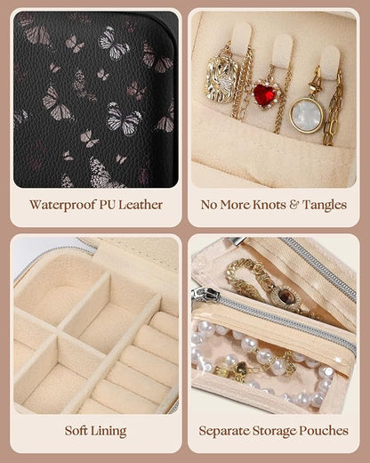 Bistup Travel Jewelry Case - Small Jewelry Organizers and Storage Box for Women Girls Teens Cute Traveling Jewelry Holder Mirror Little Tiny Compact Modern Unique Aesthetic Pretty, Black Butterfly