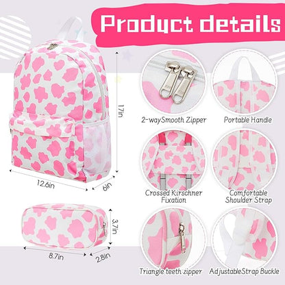 Redbaker 6 Pcs Kids Luggage Set 17 Inch Kids Rolling Luggage Double Pattern Suitcase for Girls Boys School Gift(Pink and White, 17 Inch, Cow Point Style)