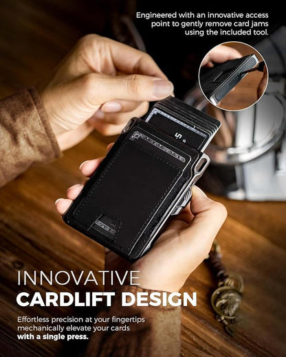 LORZOR Slim Wallet for Men- Minimalist Tactical Full Grain Leather Wallet for 12 Cards, RFID Blocking Aluminum Cardholder, Smart Pop Up Card Case, Front Pocket, Money Clip, Gift for Men(VintageBlack)