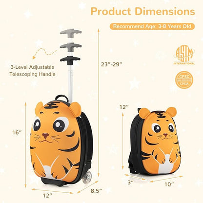 HONEY JOY Kids Luggage, 12” Children Hardshell Backpack & 16” Toddler Travel Rolling Suitcase, 2 Pcs Lightweight Carry On Luggage Set, Kids Luggage with Wheels for Girls & Boys(Orange Tiger)