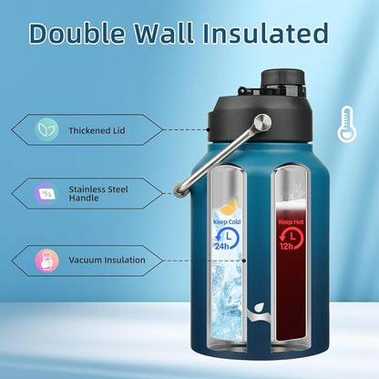 Half Gallon Jug with Handle,64 oz Insulated Water Bottle with Carrying Pouch,Double Wall Vacuum Stainless Steel Metal Bottle,Indigo Black