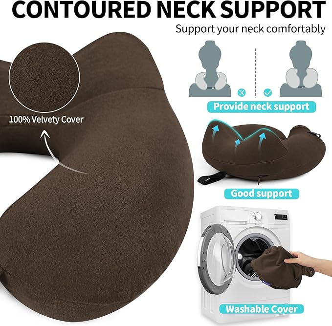 2 Pack Inflatable Travel Neck Pillows for Airplanes, Head Support Velvet Adult Neck Pillows for Long Flight, Kit with Eye Mask, Earplugs and Storage Bag, 2, Brown