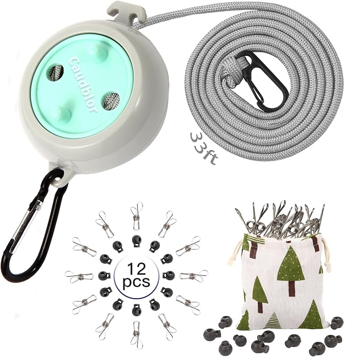 Portable Travel Clothesline Cord, Caudblor Adjustable 33ft Camping Clothes line, Laundry Drying Rope for Hotel Trip, Cruise, Outdoor/Indoor, with 12Pcs Stoppers, Windproof Clothespins