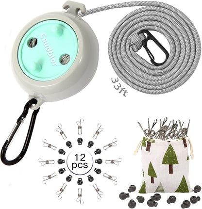 Portable Travel Clothesline Cord, Caudblor Adjustable 33ft Camping Clothes line, Laundry Drying Rope for Hotel Trip, Cruise, Outdoor/Indoor, with 12Pcs Stoppers, Windproof Clothespins