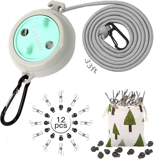 Portable Travel Clothesline Cord, Caudblor Adjustable 33ft Camping Clothes line, Laundry Drying Rope for Hotel Trip, Cruise, Outdoor/Indoor, with 12Pcs Stoppers, Windproof Clothespins
