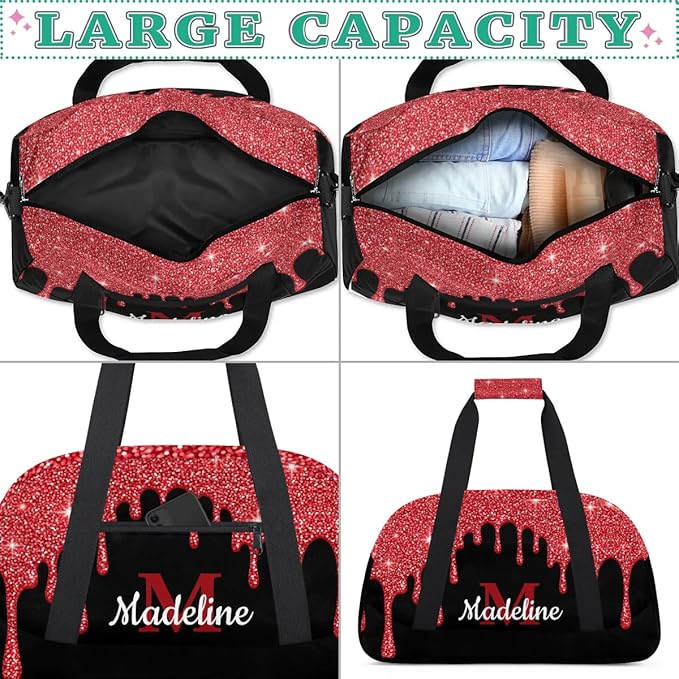 Personalized Kids Sports Duffel Bag with Name Custom Weekender Overnight Bag for Boys Girls Gym Bag Travel Dance Gymnastics Duffel Bag, Red Glitter