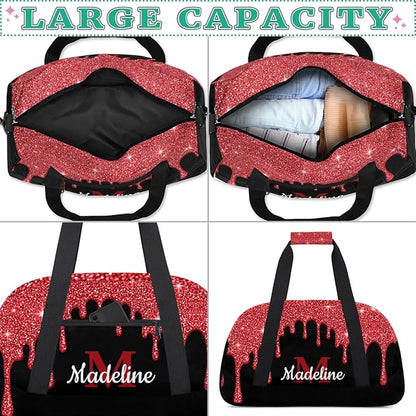 Personalized Kids Sports Duffel Bag with Name Custom Weekender Overnight Bag for Boys Girls Gym Bag Travel Dance Gymnastics Duffel Bag, Red Glitter