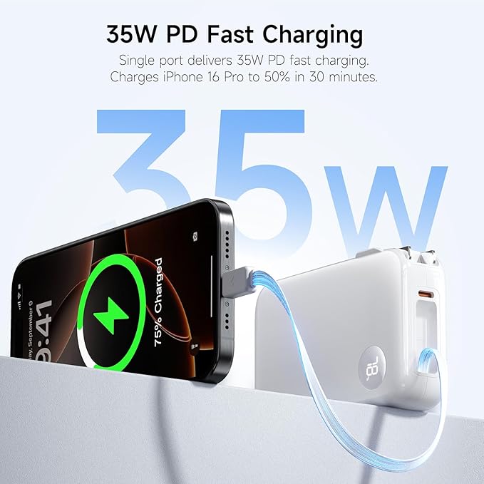 HOU 10000mAh Portable Power Bank with Retractable USB-C Cable, 35W Fast Charging, Dual Device Charging, Foldable Wall Plug, FCC/UL Certified 3 in 1 PD Charger for iPhone, Samsung, iPad, etc