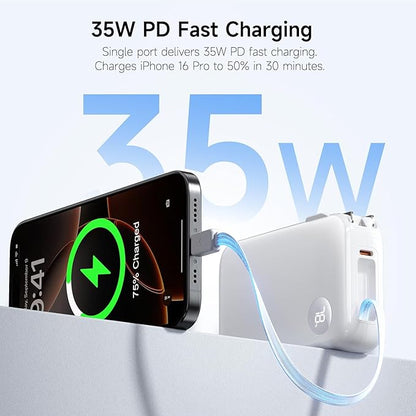 HOU 10000mAh Portable Power Bank with Retractable USB-C Cable, 35W Fast Charging, Dual Device Charging, Foldable Wall Plug, FCC/UL Certified 3 in 1 PD Charger for iPhone, Samsung, iPad, etc