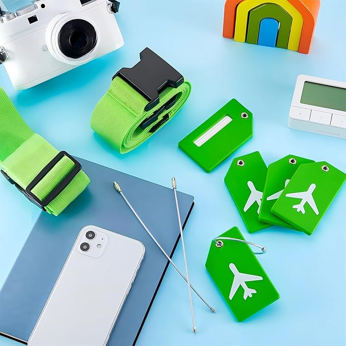 Weewooday 8 Pcs Luggage Straps Suitcase Tags Set for TSA Approved, 4 Travel Adjustable Suitcase Belt, 4 Silicone Luggage Tags with Name ID Card Travel Accessories(Fluorescent Green,Airplane)