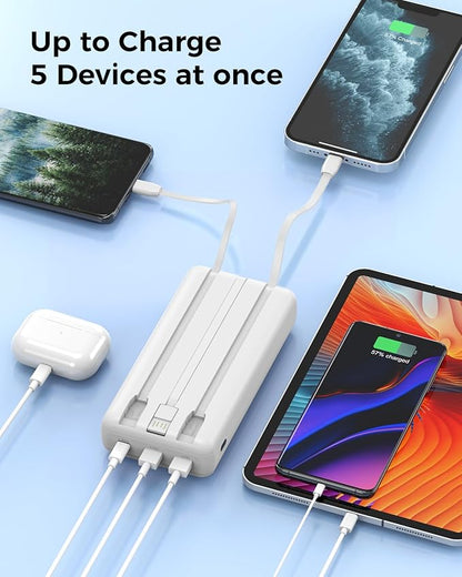 Portable Charger Power Bank 50000mAh Built-in Cables, PD 20W Fast Charging Large Capacity Battery Pack, 5 Output 2 Input LED Display Powerbank Compatible with Phone (White)