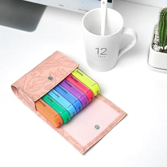 Pill Organizer,LIZIMANDU Weekly Travel Pill Case Box Medication Reminder Daily AM PM, Day Night 7 Compartments,for 4 Times A Day, 7 Days a Week-Includes Leather PU Carrying Case(1-Carved Pink)