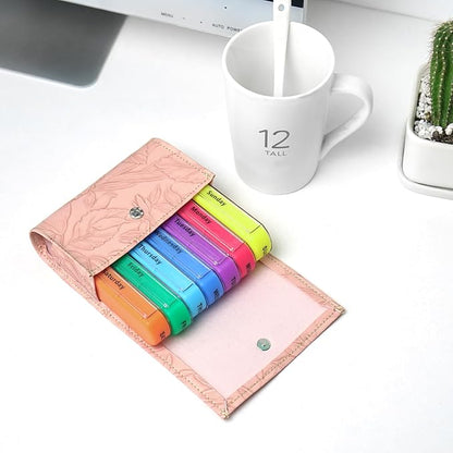 Pill Organizer,LIZIMANDU Weekly Travel Pill Case Box Medication Reminder Daily AM PM, Day Night 7 Compartments,for 4 Times A Day, 7 Days a Week-Includes Leather PU Carrying Case(1-Carved Pink)