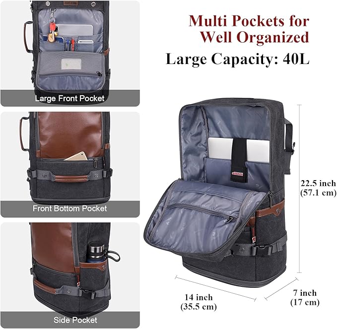 WITZMAN Travel Backpack for Men Women Carry on Luggage Backpack Canvas Rucksack Duffel bag with Shoe Compartment（A2021 big size black）