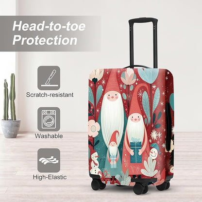 Christmas Gnome Luggage Cover - Red Background with Santa's Helpers, Trees and Snowmen, Elastic Holiday Travel Case for 28 30 Inch Bag