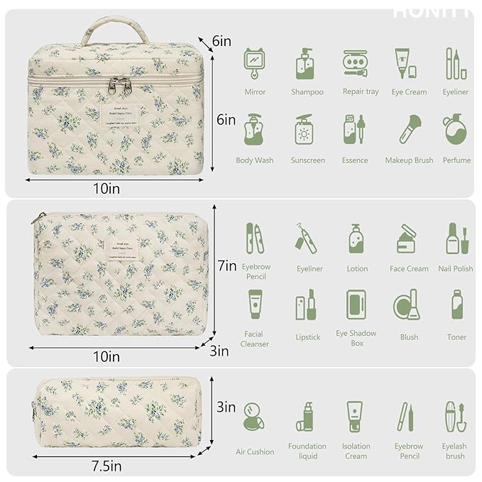 Makeup Bag,Quilted Cosmetic Bags,Large Floral Make Up Organize bag,Makeup Bag Set for Women,Flower Travel Toiletry Bag
